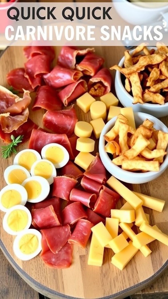 Quick Carnivore Snack Ideas An assortment of quick carnivore snacks including cured meats, hard-boiled eggs, cheese sticks, and pork rinds on a wooden board.